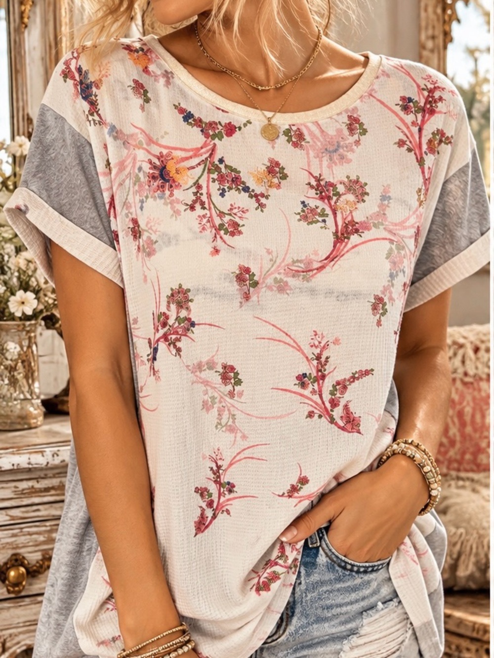 Peck & Peck Floral Mixed Media Top Gray Pink Boho Relaxed Fit small